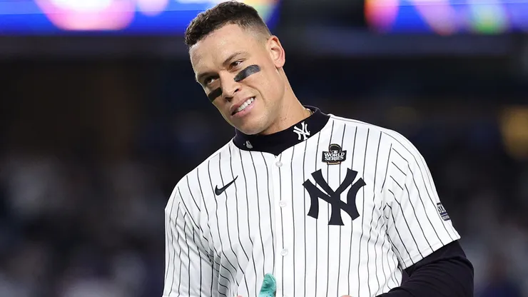 Aaron Judge #99 of the New York Yankees walks off the field after being left on base during the eighth inning of Game Five of the 2024 World Series against the Los Angeles Dodgers at Yankee Stadium on October 30, 2024 in the Bronx borough of New York City.