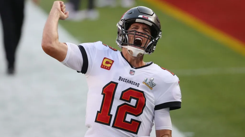 Tom Brady #12 of the Tampa Bay Buccaneers shouts as he takes the field before Super Bowl LV against the Kansas City Chiefs at Raymond James Stadium on February 07, 2021. (Source: Patrick Smith/Getty Images)