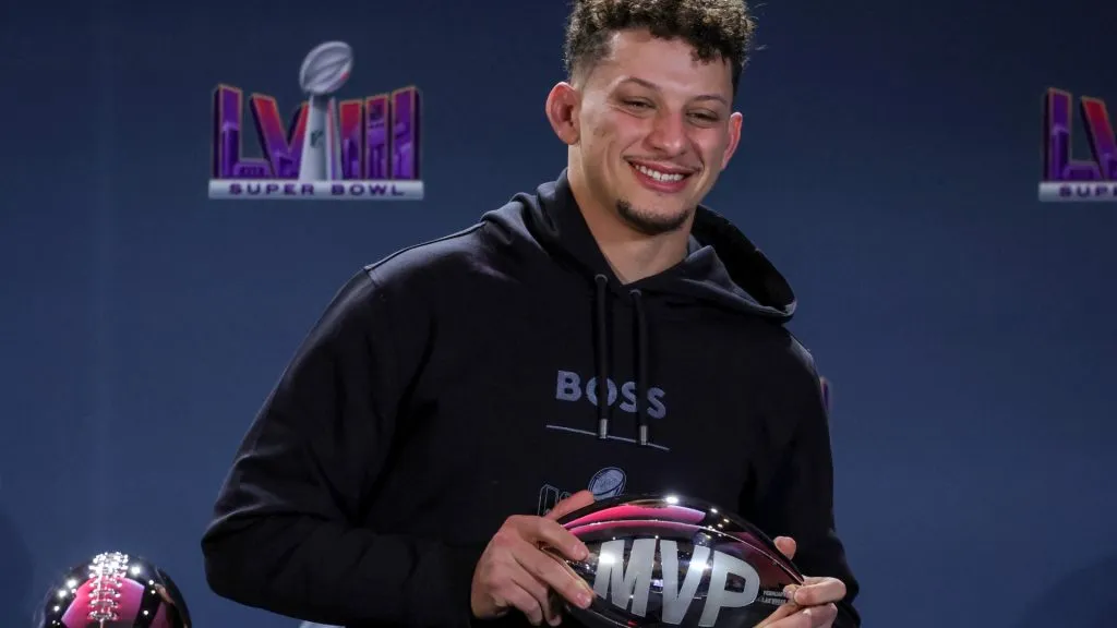 Patrick Mahomes oposes with the MVP award after Super Bowl LVII in 2024. (Ethan Miller/Getty Images)