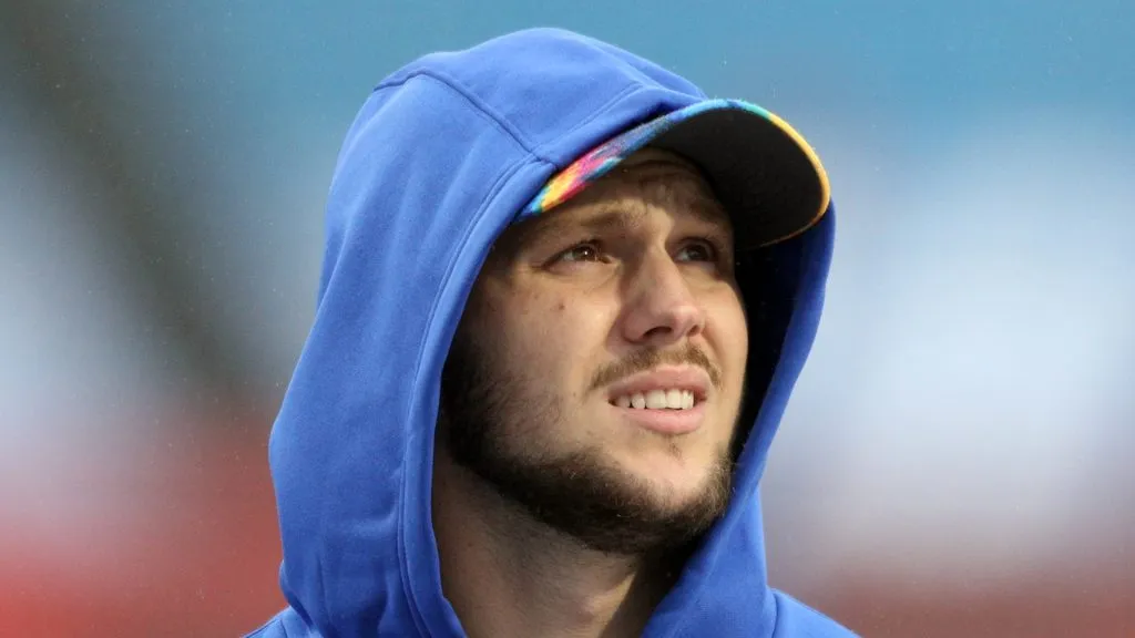 Josh Allen #17 of the Buffalo Bills looks on during warmups prior to the game against the Kansas City Chiefs at Bills Stadium on October 19, 2020 in Orchard Park, New York.