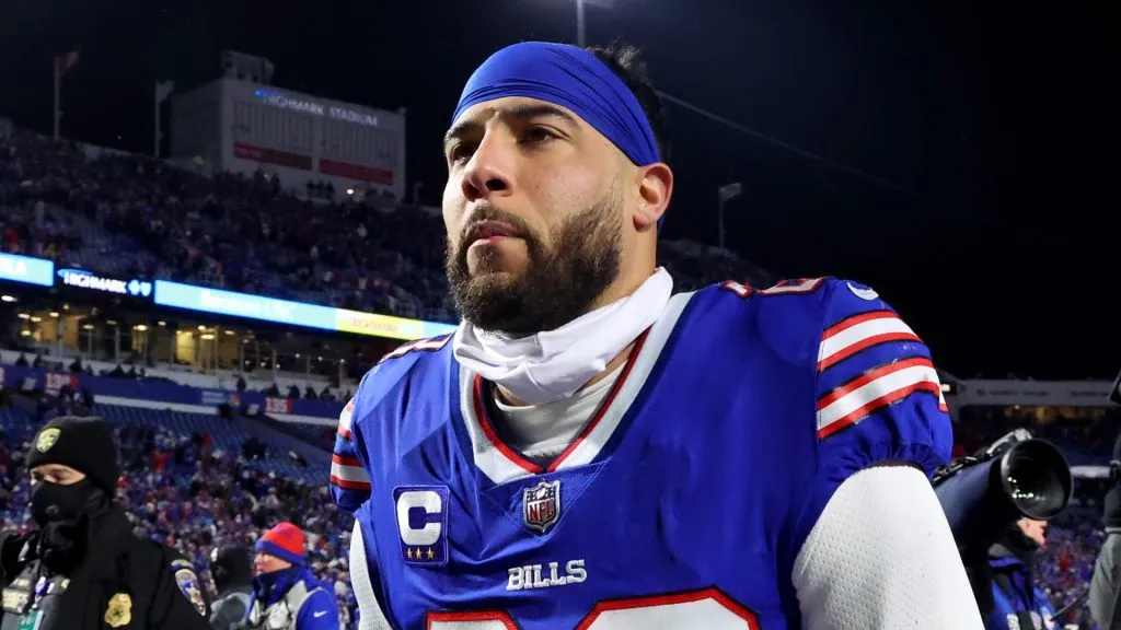 Micah Hyde #23 of the Buffalo Bills walks off the field after being defeated by the Kansas City Chiefs in the AFC Divisional Playoff game at Highmark Stadium on January 21, 2024 in Orchard Park, New York.
