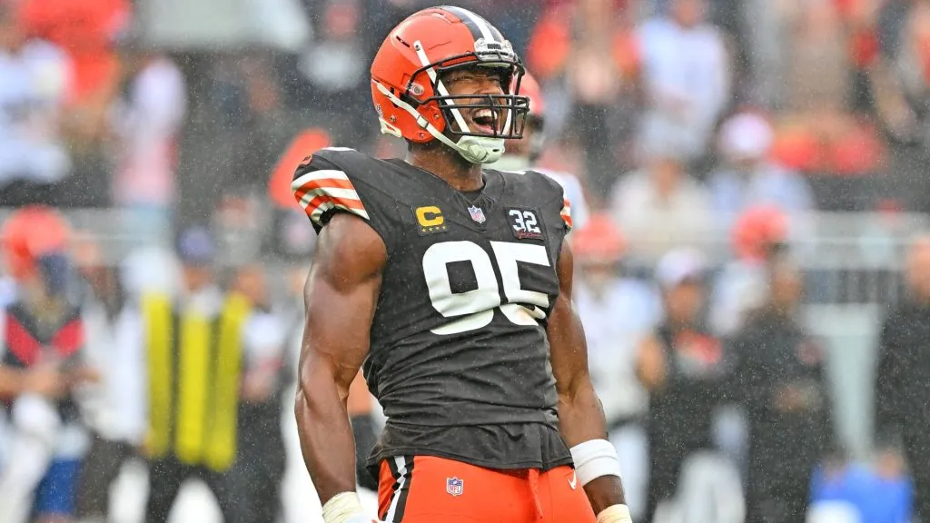 Myles Garrett #95 of the Cleveland Browns celebrates after sacking Joe Burrow of the Cincinnati Bengals during the second half in 2023. (Source: Jason Miller/Getty Images)