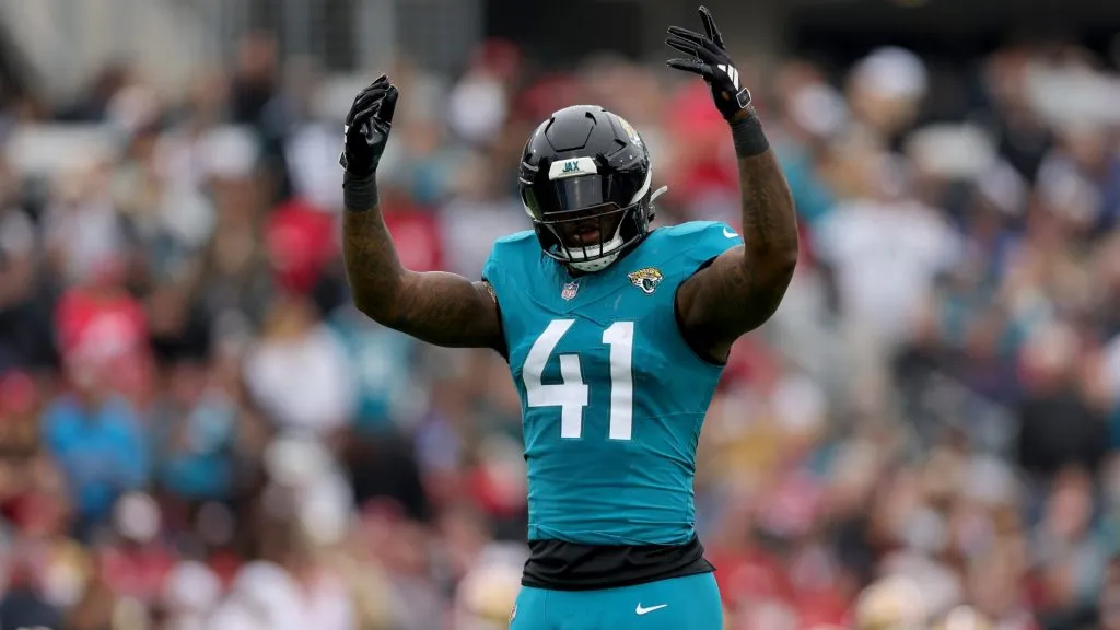 Josh Allen #41 of the Jacksonville Jaguars reacts during the first quarter against the San Francisco 49ers at EverBank Stadium on November 12, 2023. (Source: Megan Briggs/Getty Images)