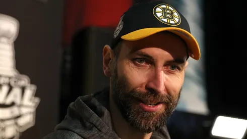Zdeno Chara #33 of the Boston Bruins speaks during Media Day ahead of the 2019 NHL Stanley Cup Final at TD Garden on May 26, 2019 in Boston, Massachusetts.