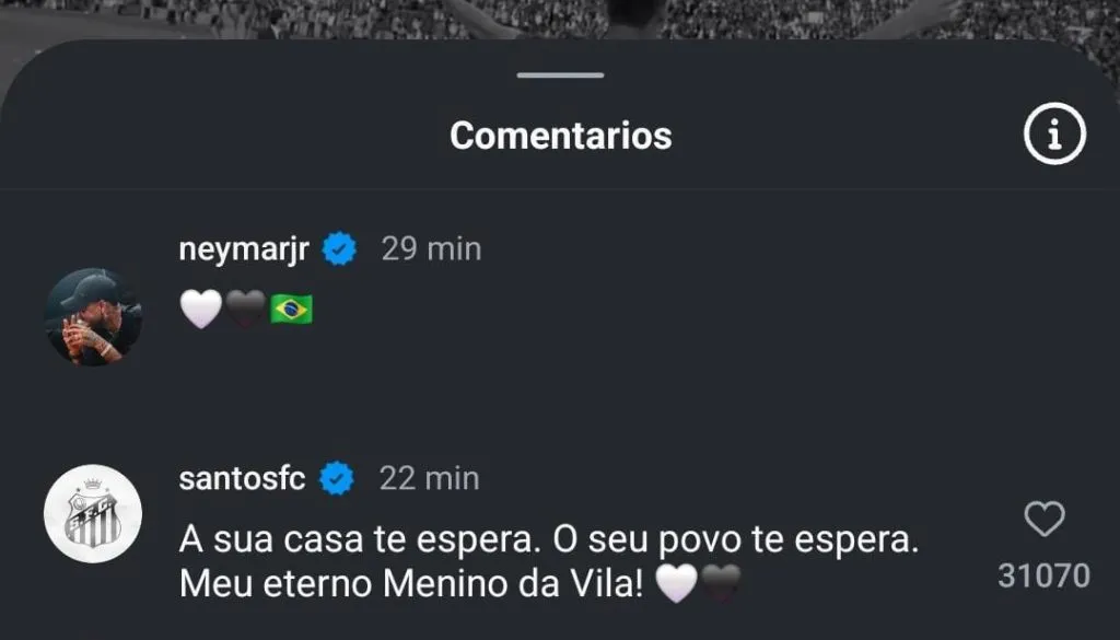 Santos’ comment on Neymar’s post (Instagram capture)