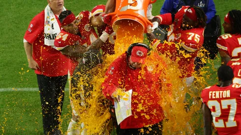 Head coach Andy Reid of the Kansas City Chiefs gets dunked in Gatorade after defeating the San Francisco 49ers 31-20 in Super Bowl LIV in 2020.