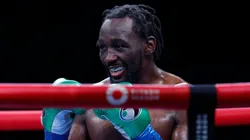 Terence Crawford smiles at Israel Madrimov during the tenth round of the WBA junior middleweight title bout at BMO Stadium on August 3, 2024 in Los Angeles, California.
