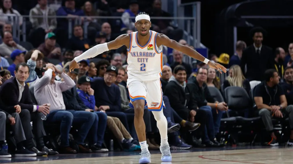 Shai Gilgeous-Alexander #2 of the Oklahoma City Thunder reacts after making a basket in the second quarter against the Golden State Warriors at Chase Center. (Lachlan Cunningham/Getty Images)