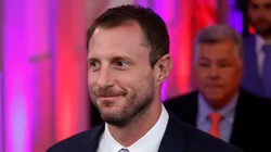 Texas Rangers right handed pitcher Max Scherzer joins his teammates as they celebrate their Major League Baseball 2023 World Series Championship in the East Room of the White House on August 08, 2024 in Washington, DC. The Rangers defeated the Arizona Diamondbacks three games to one to win their franchise's first World Series title in 62 seasons.