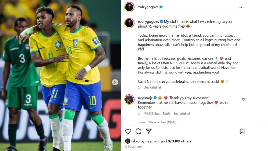 Rodrygo’s post on Instagram, with Neymar’s reply.