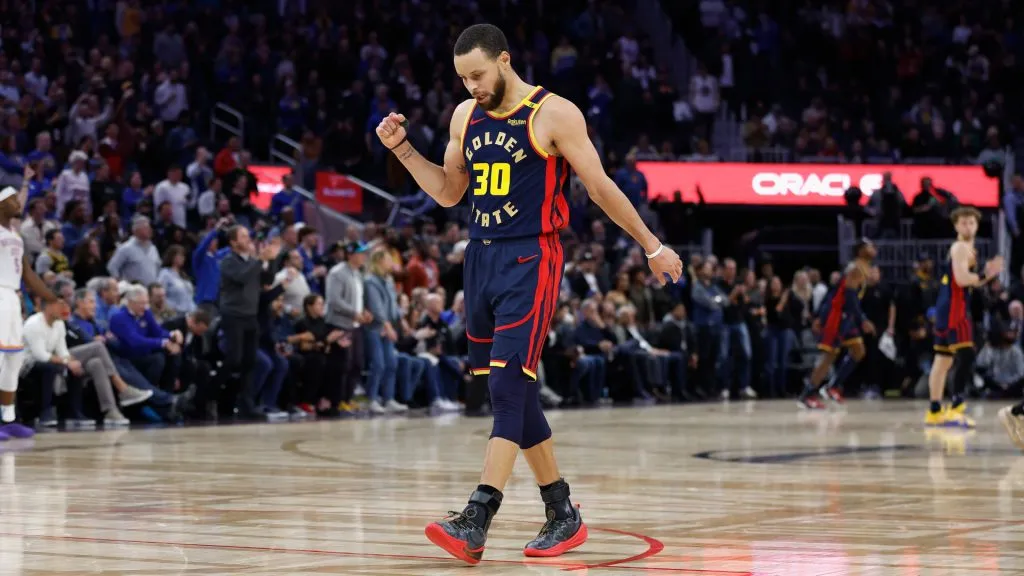 Stephen Curry #30 of the Golden State Warriors reacts after a play in the fourth quarter against the Oklahoma City Thunder at Chase Center. (Lachlan Cunningham/Getty Images)