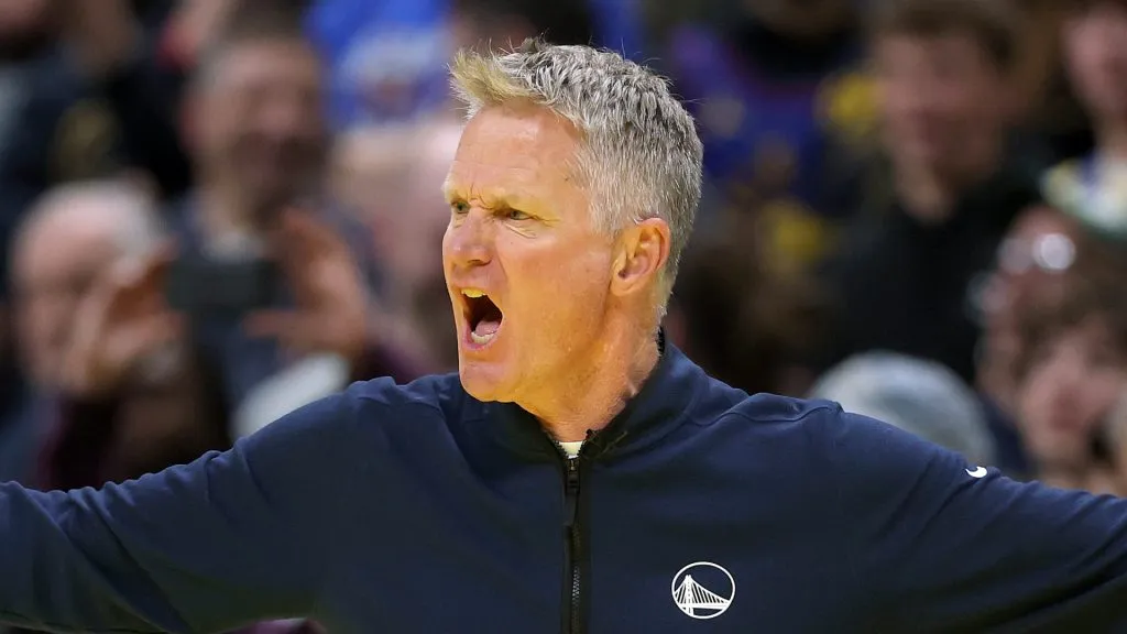Head coach Steve Kerr of the Golden State Warriors questions the officials while playing against the Denver Nuggets