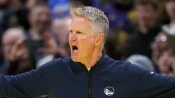 Head coach Steve Kerr of the Golden State Warriors questions the officials while playing against the Denver Nuggets
