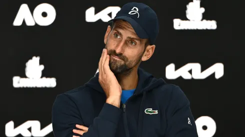 Novak Djokovic of Serbia attends a press conference after retiring from the Men's Singles Semifinal against Alexander Zverev.