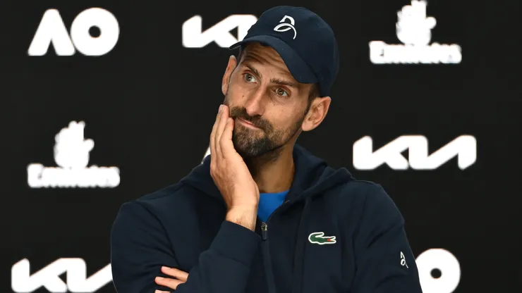Novak Djokovic of Serbia attends a press conference after retiring from the Men's Singles Semifinal against Alexander Zverev.