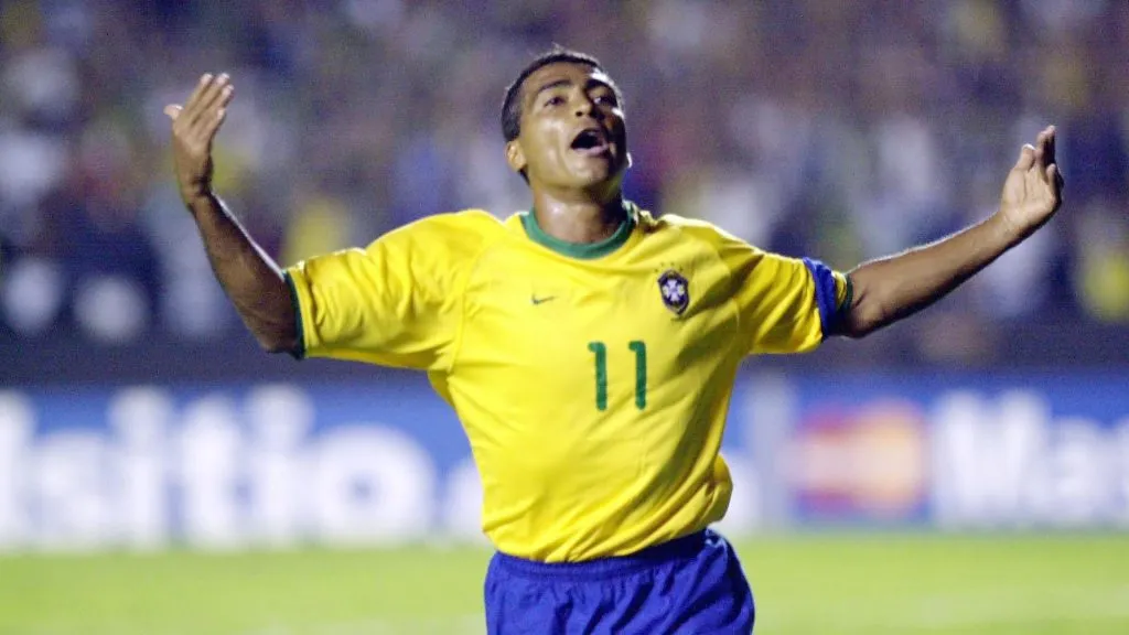 25 Apr 2001: Romario of Brasil celebrates after scoring a goal during the Brasil v Peru 