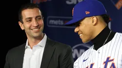Owner of the New York Mets shakes hands with Juan Soto as David Stearns, the president of baseball operations watches during his introductory press conference at Citi Field on December 12, 2024 in New York City.