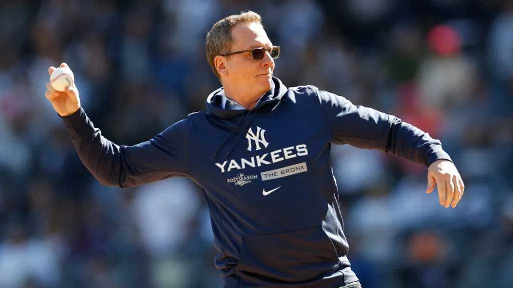 Former MLB player David Cone throws out the ceremonial first pitch prior to game two of the American League Division Series between the Cleveland Guardians and the New York Yankees at Yankee Stadium on October 14, 2022 in New York, New York. (Photo by Sarah Stier/Getty Images)