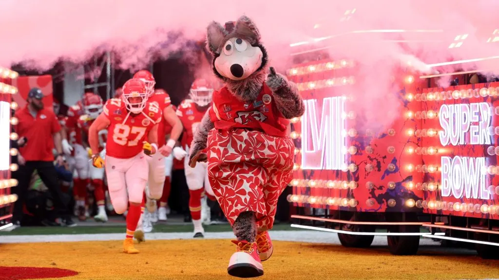 The Kansas City Chiefs mascot, K.C. Wolf, takes the field prior to Super Bowl LVIII at Allegiant Stadium on February 11, 2024. (Source: Jamie Squire/Getty Images)