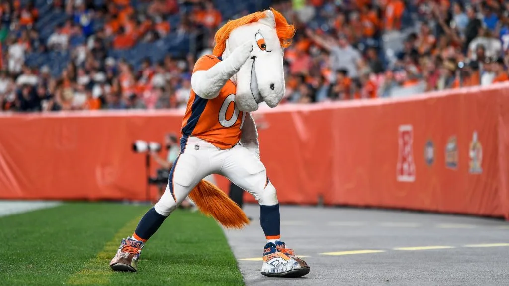 Denver Broncos mascot Miles performs during an NFL preseason game between the Denver Broncos and the Los Angeles Rams at Empower Field at Mile High on August 28, 2021. (Source: Dustin Bradford/Getty Images)