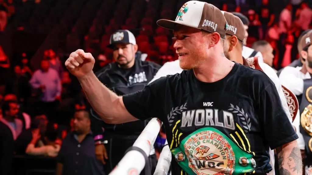 WBC/WBA/WBO super middleweight champion Canelo Alvarez reacts after he won a title fight by unanimous decision against Edgar Berlanga, not pictured, at T-Mobile Arena on September 14, 2024 in Las Vegas, Nevada. (Photo by Steve Marcus/Getty Images)