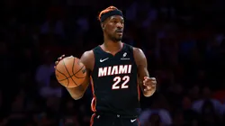 Jimmy Butler #22 of the Miami Heat controls the ball against the Oklahoma City Thunder during the first half at Kaseya Center.