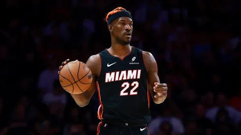 Jimmy Butler #22 of the Miami Heat controls the ball against the Oklahoma City Thunder during the first half at Kaseya Center.