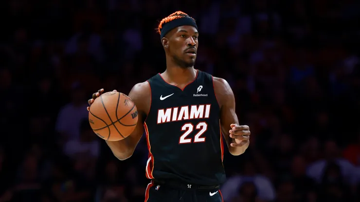 Jimmy Butler #22 of the Miami Heat controls the ball against the Oklahoma City Thunder during the first half at Kaseya Center.