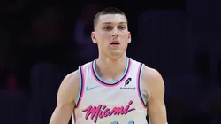 Tyler Herro #14 of the Miami Heat controls the ball against the Cleveland Cavaliers