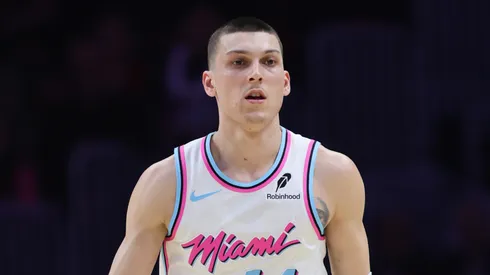 Tyler Herro #14 of the Miami Heat controls the ball against the Cleveland Cavaliers