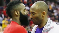 James Harden of the Houston Rockets greets Kobe Bryant of the Los Angeles Lakers on December 12, 2015 in Houston, Texas.