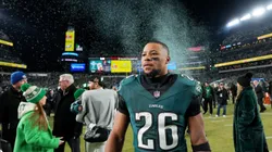 Saquon Barkley #26 of the Philadelphia Eagles looks on after defeating the Washington Commanders 55-23 to win the NFC Championship Game at Lincoln Financial Field on January 26, 2025 in Philadelphia, Pennsylvania.