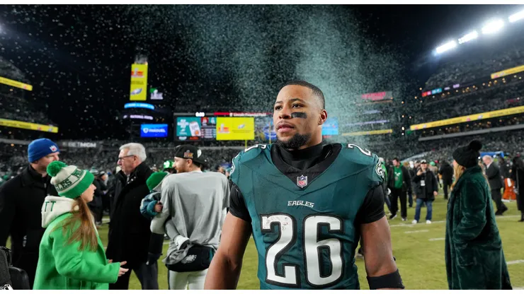 Saquon Barkley #26 of the Philadelphia Eagles looks on after defeating the Washington Commanders 55-23 to win the NFC Championship Game at Lincoln Financial Field on January 26, 2025 in Philadelphia, Pennsylvania.