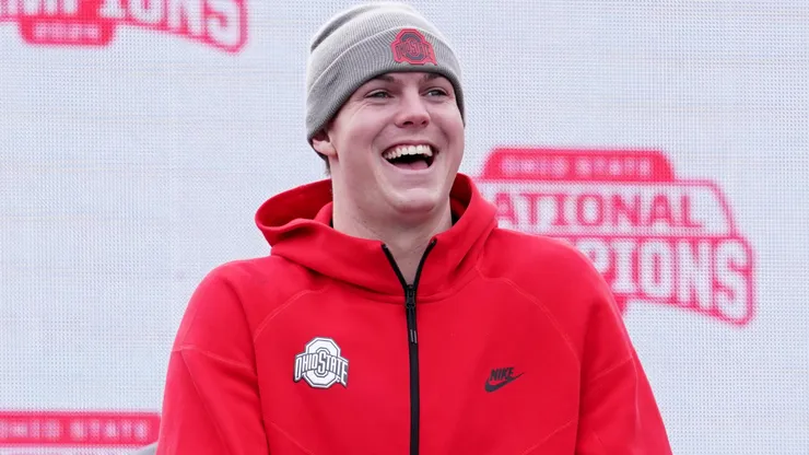 Quarterback Will Howard #18 of the Ohio State Buckeyes delivers remarks during the NCAA Football Championship celebration at Ohio Stadium on January 26, 2025 in Columbus, Ohio.