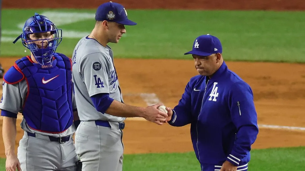 Jack Flaherty #0 of the Los Angeles Dodgers is pulled from the game by manager Dave Roberts #30 during the second inning of Game Five of the 2024 World Series against the Los Angeles Dodgers at Yankee Stadium on October 30, 2024 in the Bronx borough of New York City. (Photo by Alex Slitz/Getty Images)