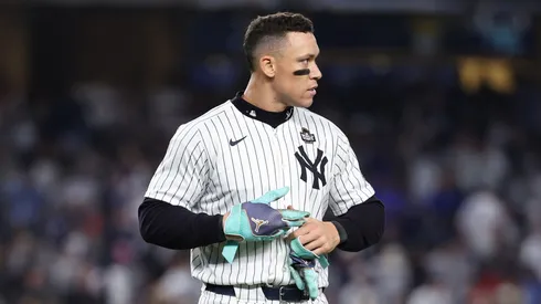 Aaron Judge #99 of the New York Yankees walks off the field after being left on base during the eighth inning of Game Five of the 2024 World Series against the Los Angeles Dodgers at Yankee Stadium on October 30, 2024 in the Bronx borough of New York City.