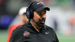Head coach Ryan Day of the Ohio State Buckeyes looks on during the second quarter against the Notre Dame Fighting Irish in the 2025 CFP National Championship at the Mercedes-Benz Stadium on January 20, 2025 in Atlanta, Georgia.