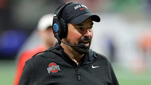 Head coach Ryan Day of the Ohio State Buckeyes looks on during the second quarter against the Notre Dame Fighting Irish in the 2025 CFP National Championship at the Mercedes-Benz Stadium on January 20, 2025 in Atlanta, Georgia.