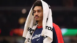 Jordan Poole #13 of the Washington Wizards looks on against the Chicago Bulls during the second half at the United Center on January 10, 2025 in Chicago, Illinois.