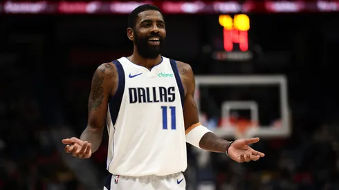 Kyrie Irving #11 of the Dallas Mavericks reacts during the game against the New Orleans Pelicans at Smoothie King Center.