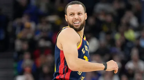Stephen Curry #30 of the Golden State Warriors reacts against the Phoenix Suns during the first half at Chase Center.