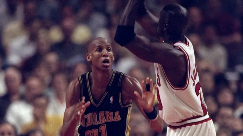 Reggie Miller guards Michael Jordan during the Chicago Bulls 85-79 1998 NBA Playoff win vs. the Indiana Pacers.