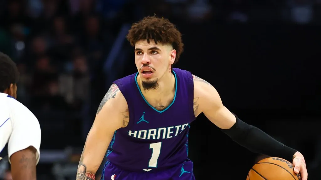 LaMelo Ball #1 of the Charlotte Hornets controls the ball during the second half of a basketball game