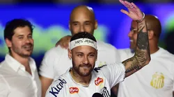 Neymar Jr. reacts during his unveiling as the new player of Santos at Urbano Caldeira Stadium