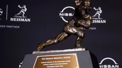 Detail of the trophy during a press conference ahead of The Heisman Memorial Trophy ceremony at New York Marriott Marquis Hotel on December 09, 2023 in New York City.