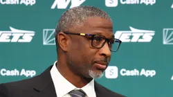 New York Jets head coach Aaron Glenn is introduced to the media at Atlantic Health Jets Training Center on January 27, 2025 in Florham Park, New Jersey.