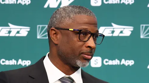 New York Jets head coach Aaron Glenn is introduced to the media at Atlantic Health Jets Training Center on January 27, 2025 in Florham Park, New Jersey.
