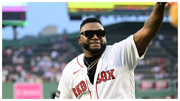 Former player David Ortiz of the Boston Red Sox waves to the crowd during a pregame ceremony before a game against the Houston Astros at Fenway Park on August 29, 2023 in Boston, Massachusetts.