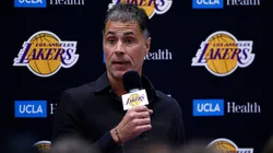 General Manager Rob Pelinka of the Los Angeles Lakers speaks with the media during a press conference at UCLA Health Training Center on September 25, 2024 in El Segundo, California.