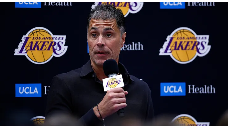 General Manager Rob Pelinka of the Los Angeles Lakers speaks with the media during a press conference at UCLA Health Training Center on September 25, 2024 in El Segundo, California.
